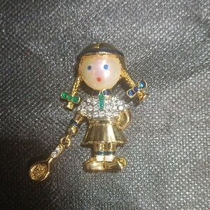 Elegant Gold and Green Tennis Player Brooch